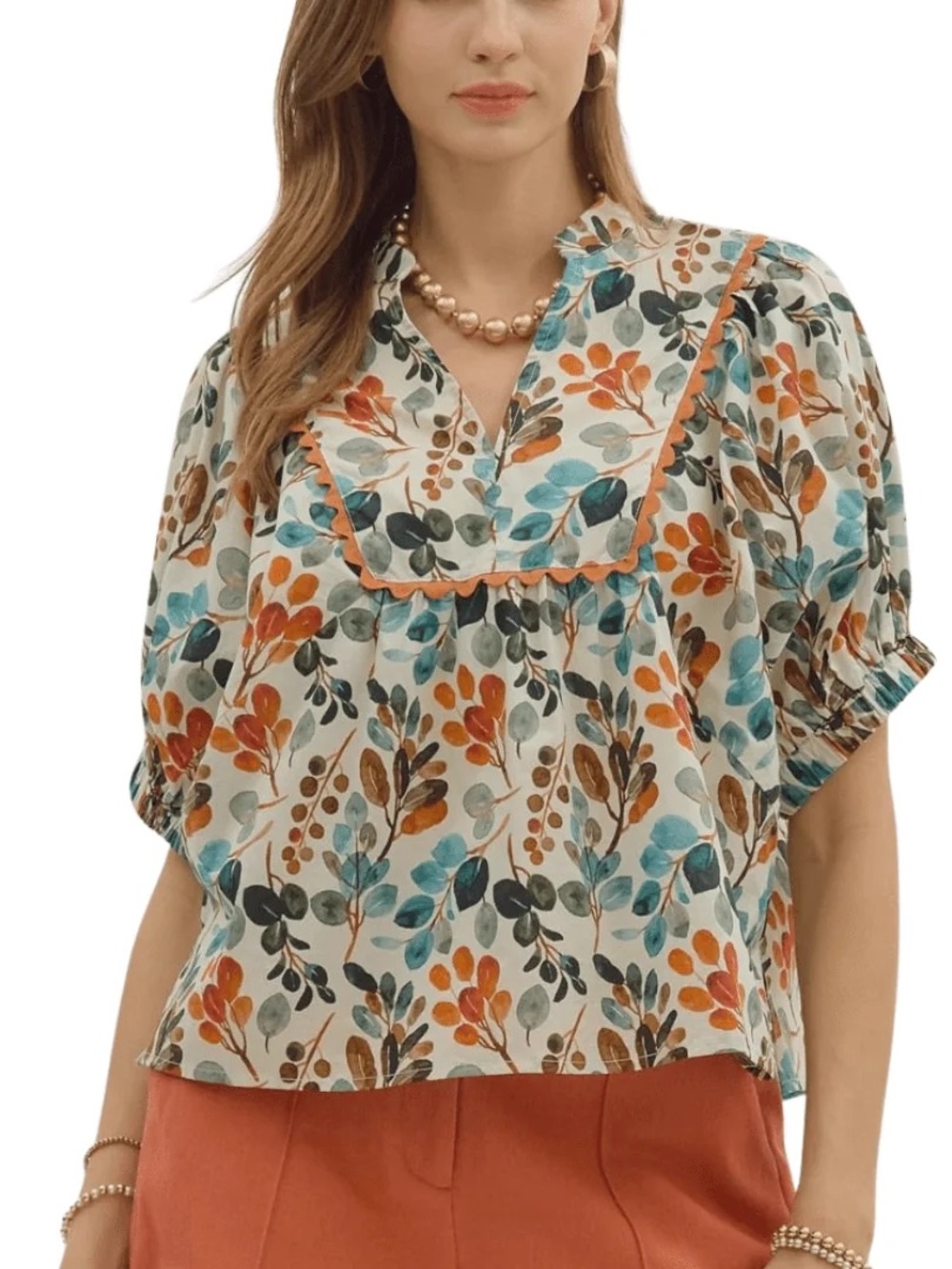 entro Multicolor Floral Puff-Sleeve Peasant Blouse - Cream Base